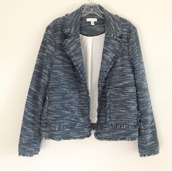 TOPSHOP BLUE TWEED CHUNKY KNIT OPEN FRIDGE BLAZER - Picture 2 of 13